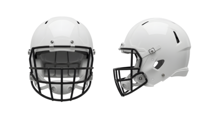 White American football helmet with faceguard isolated on white background, perfect for sports and football-related projects