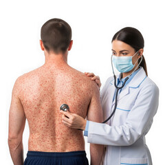 Doctor examining a patient with a skin rash on his back, isolated on transparent background
