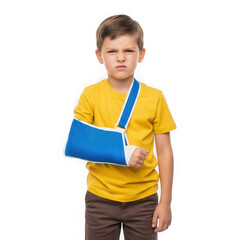 Young boy with a broken arm wearing a blue sling, isolated on transparent background