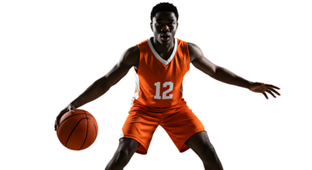 Young basketball player in orange jersey dribbling ball on white background, action sports image perfect for sports and fitness themes