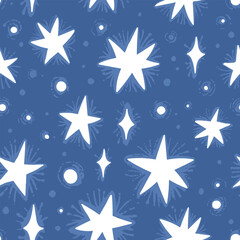 Abstract magic cosmic sky in white and blue colors. Vector hand drawn seamless pattern with white stars and crystals. Design for textile print, page fill, wrapping paper, web, cover