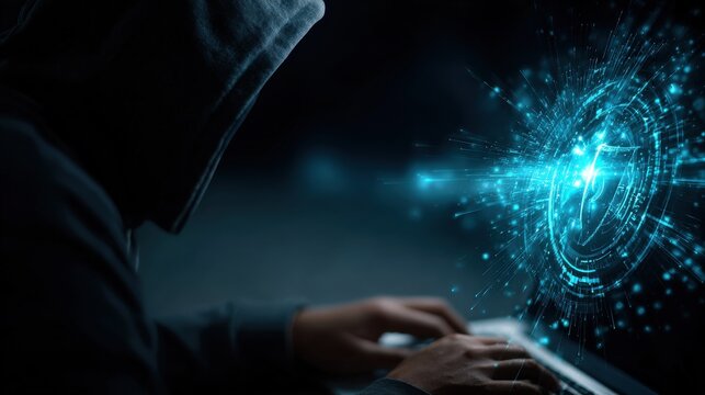Hacker working on a computer with digital effects in a dark room at night