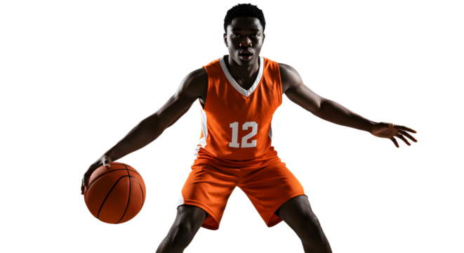 Young basketball player in orange jersey dribbling ball on white background, action sports image perfect for sports and fitness themes