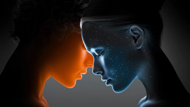 Two ethereal figures with glowing orange and blue skin tones lean towards each other, creating a captivating visual connection, highlighting the interplay of light and emotion in a mesmerizing scene
