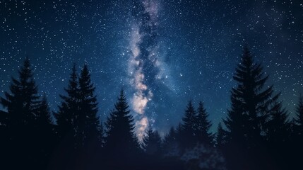 Fototapeta premium Realistic forest view under clear starry night sky, Milky Way visible, silhouette of trees, astrophotography style landscape.