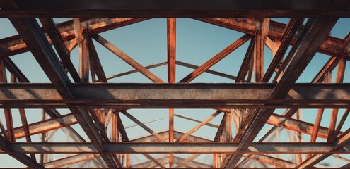Symmetrical view of a rusty industrial steel truss structure against a bright sky