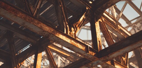 Close-up of weathered and rusty industrial steel beams forming a complex structure