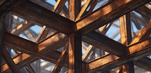 Intricate industrial steel framework with rusty textures and geometric patterns