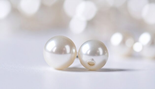 Close-up of two lustrous white pearls on a white surface with blurred background.
