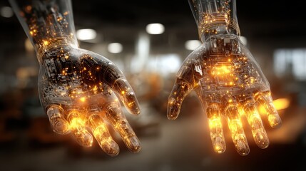 Obraz premium AI Robot Hands Reaching With Glowing Circuits Displayed