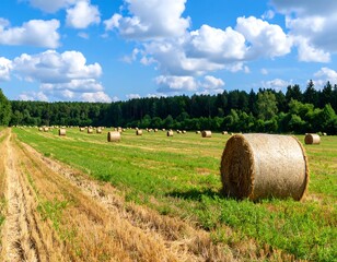 Harvested field with round hay bales