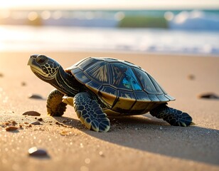 Turtle on sandy beach at sunrise