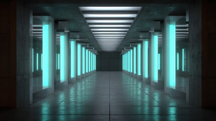 Futuristic Corridor with Glowing Blue Columns and Light Design