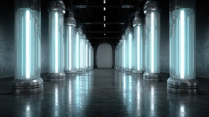 Futuristic corridor with neon columns reflecting light