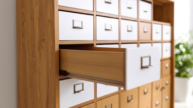 Close-up animation revealing a modern card catalog with drawers opening and closing  systematically