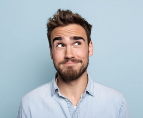 Fototapeta premium A man with a thoughtful expression gazes upward against a light blue backdrop, showcasing a thoughtful pose and a soft light.