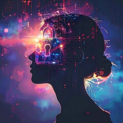 Holographic Glowing Padlock Above Hacker Silhouette Symbolizing Digital Safety