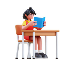 Cartoon Student Reads a Blue Book at Wooden Desk With Transparent Background in Yellow and Red Attire With Detailed Texture