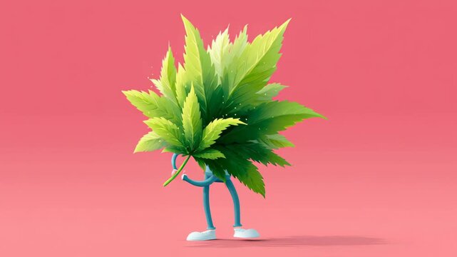 Animated character with vibrant green leaves is playfully adjusting its leafy disguise, showcasing a whimsical transformation in a colorful environment, highlighting creativity and imagination in moti