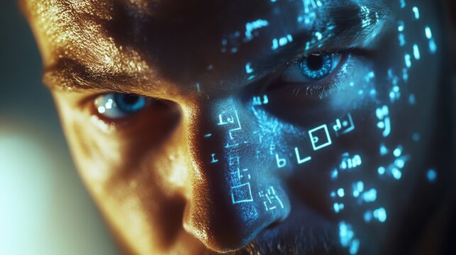 Fototapeta The concept revolves around projection a futuristic male face utilizing advanced coding techniques, ultimately painting a vivid scifi picture that embodies our creative interpretations of the future