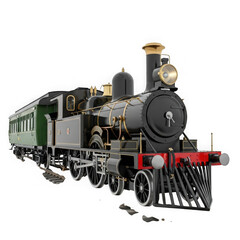 Fototapeta premium Vintage steam locomotive train with passenger cars, isolated on transparent background