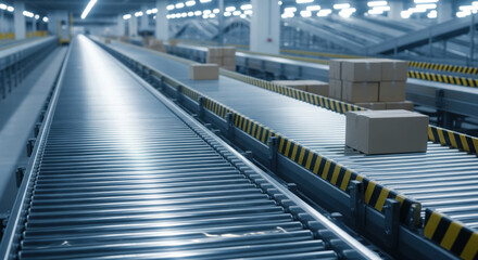 Naklejka premium Automated conveyor system with cardboard boxes in modern warehouse