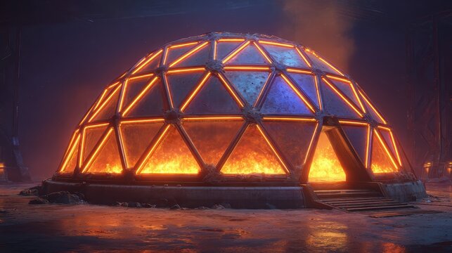 Glowing Futuristic Dome with Neon Orange Lighting in Night Scene