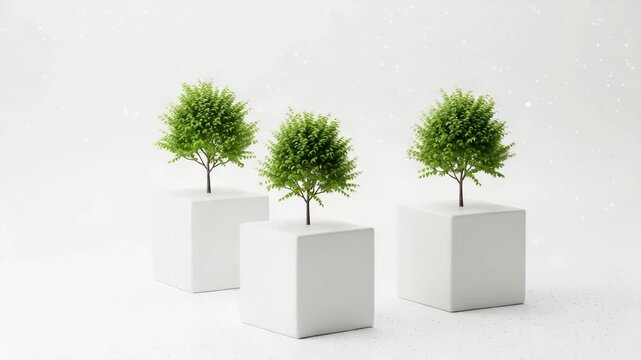 Three potted trees in minimalist white cubes on a white background.