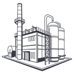 Industrial factory building with tall smokestack and large storage tanks in a clean line art illustration style
