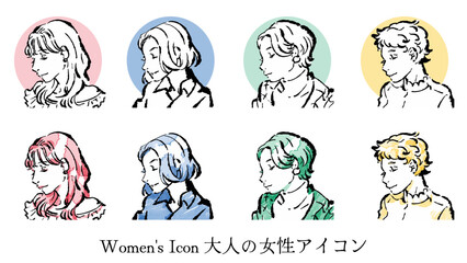 イラスト素材：手書きの女性のアイコン。SNS運営用。４種類