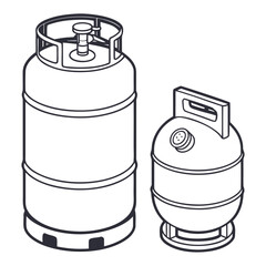 Two stylized isometric line art illustrations of propane gas cylinders one large and one small with a handle and gauge
