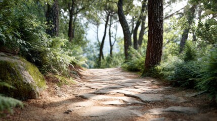 Fototapeta premium Sunlight filters through the trees, illuminating a stone path winding its way through a vibrant autumn forest, creating a serene and inviting atmosphere