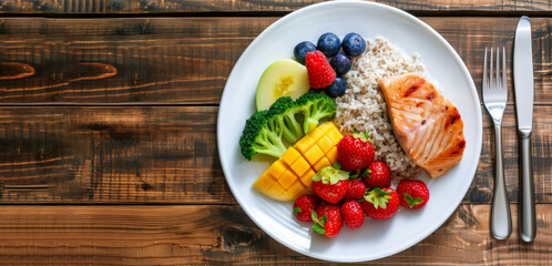 A balanced dish with grilled salmon, brown rice, fresh fruits, and steamed vegetables arranged on a plate, wooden table