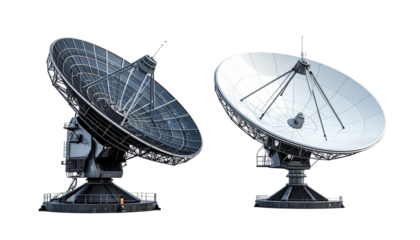 Satellite Dish Duo – Ground Station and Modern Parabolic Variations Isolated on Transparent Background