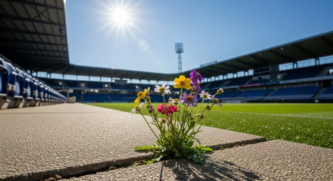 a small bunch of colorful wildflowers growing through cracks in the concrete at the edge of an empty sports stadium