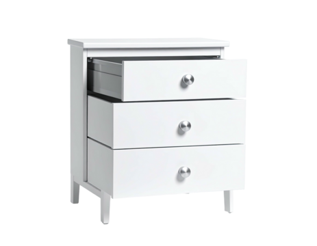 A white three-drawer nightstand with one drawer open