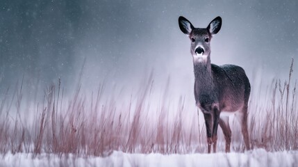 A young deer stands delicately in a snowy field. Soft snowflakes fall around it as the winter evening light creates a serene atmosphere. The deer looks tranquil and alert.