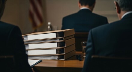 Stack of Legal Binders on Table with People in Suits at Meeting.