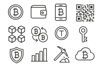 Fototapeta premium Storage key coin blockchain set vector cryptocurrency icon token transaction secure pickaxe