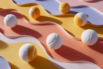 Obraz premium A row of tennis balls with a yellow and white stripe