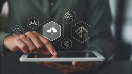 Tablet glowing with holographic sustainable mobility innovation