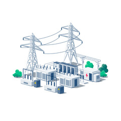 Electrical energy substation with transformer grid cables and pillars. High-voltage facility electric station for electricity distribution. Vector illustration isolated on white in isometric style.
