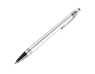 A silver ballpoint pen, angled, with a black tip and transparent cap detail