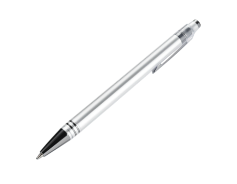 A silver ballpoint pen, angled, with a black tip and transparent cap detail
