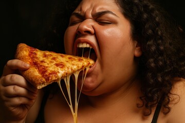 Dramatic Portrait of Exaggerated Enjoyment While Biting into Pizza
