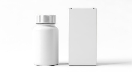 White plastic pill bottle and box isolated on white background