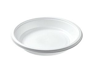 A clean, white, circular disposable bowl, slightly angled, on a black background
