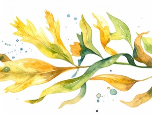 Watercolor branch yellow, green leaves, blue droplets on white