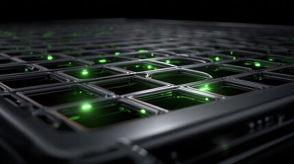 Futuristic Metal Grid with Glowing Green Lights in Dark Space
