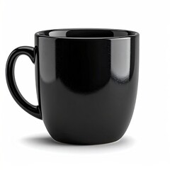 Shiny black mug with curved handle, casting soft shadow